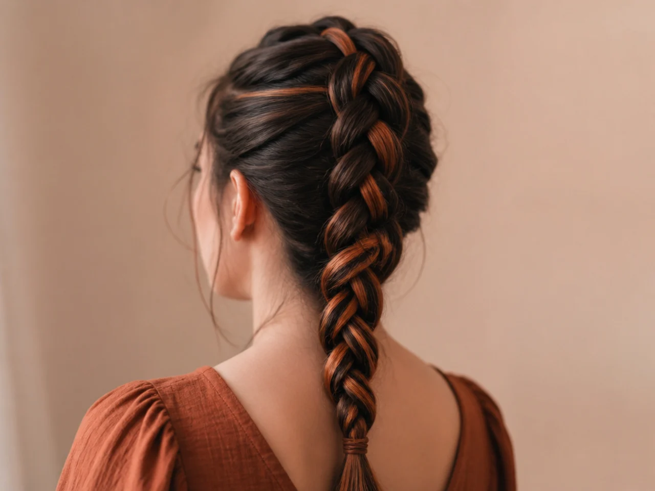 A single Dutch braid down the centre back with colour woven through it