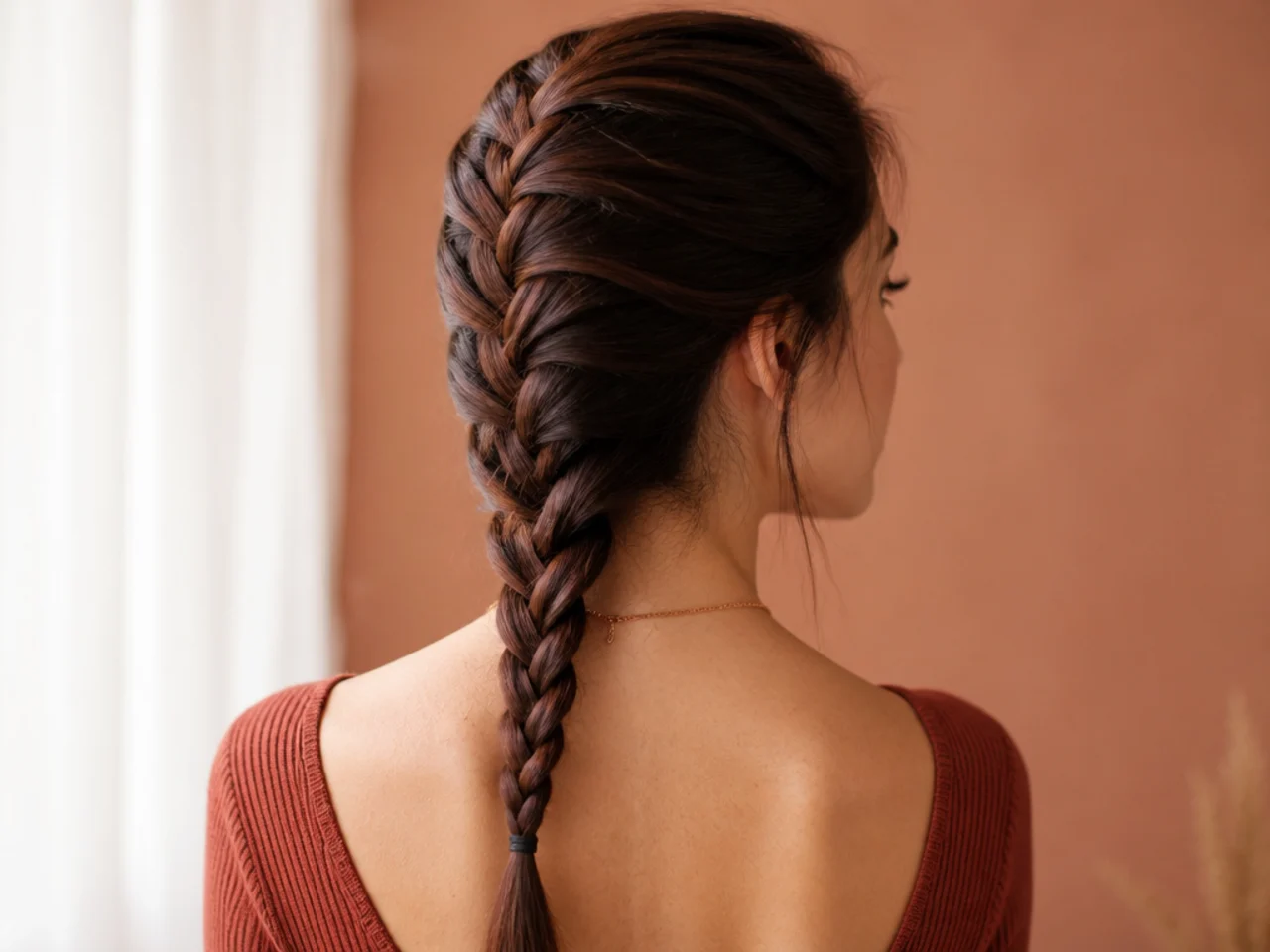 A French braid with the coloured under layer tucked out of sight
