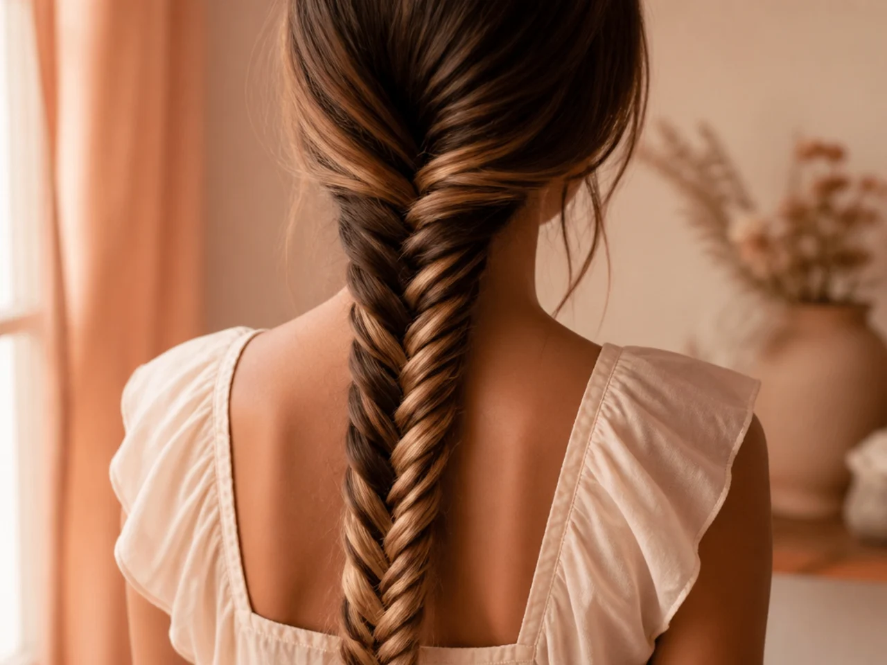 A fishtail braid with two tones woven into a fine pattern