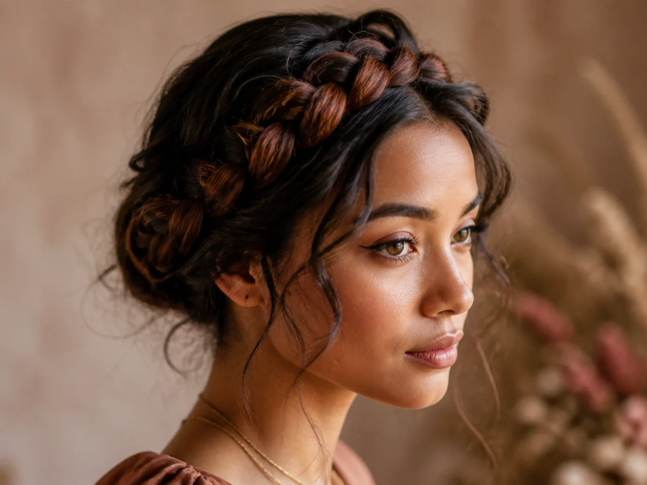 A braid wrapped around the head like a crown with colour running through it