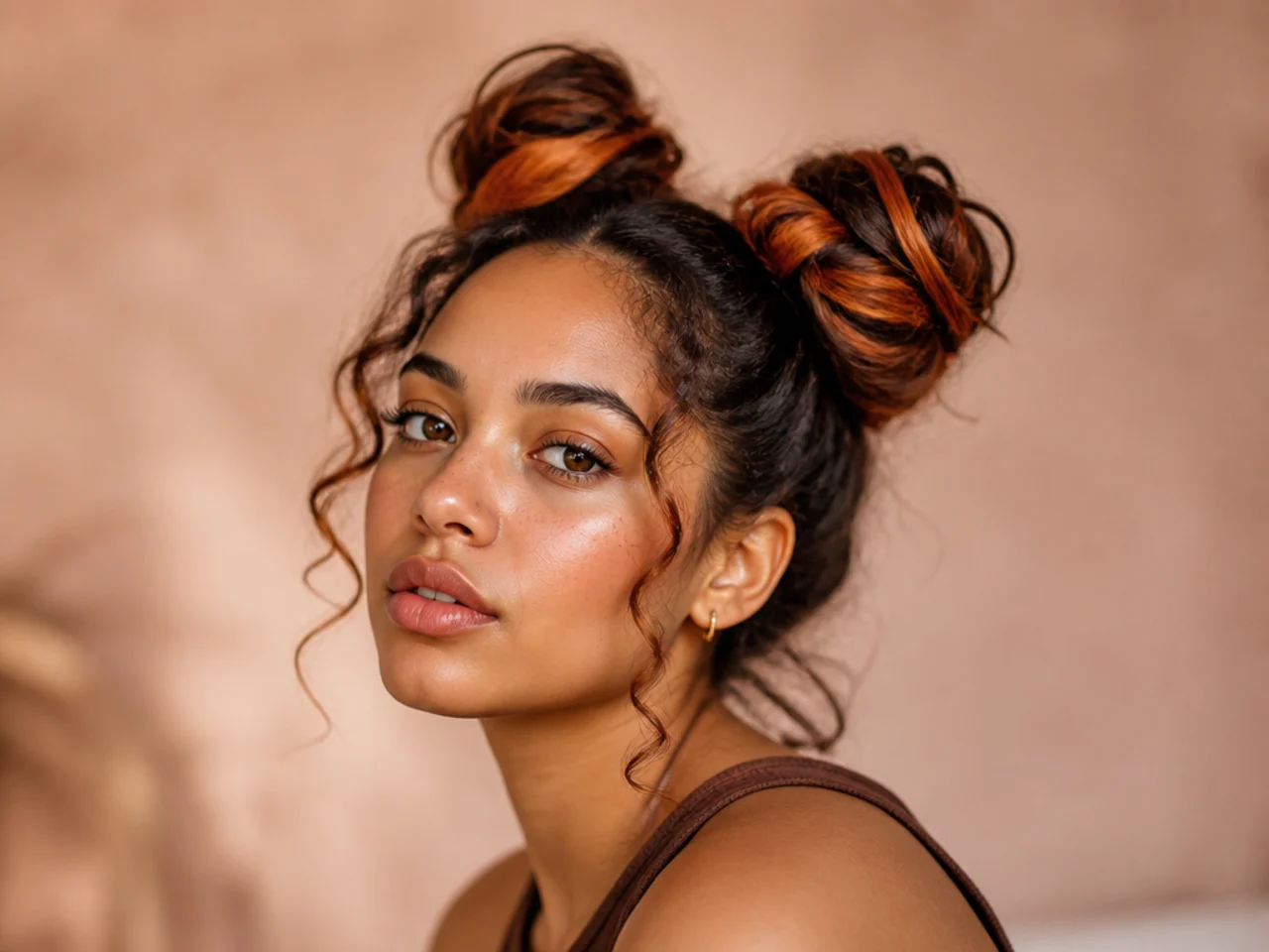 Two high buns with coloured hair coiled visibly through both knots