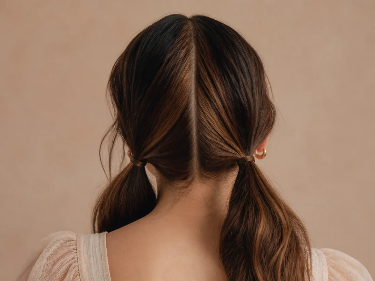 Low pigtails parted down the middle showing colour through the centre back