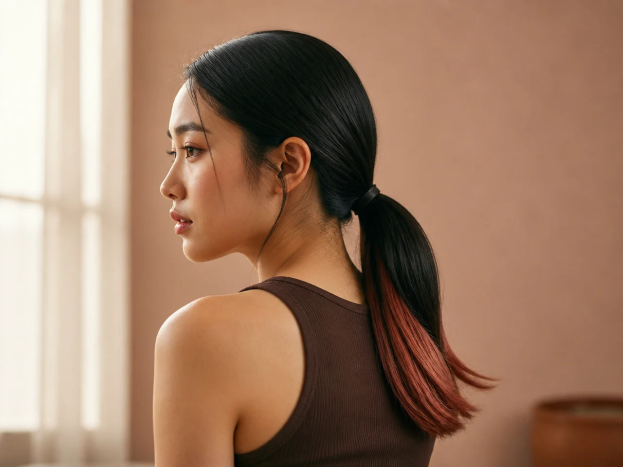 A low sleek ponytail with coloured ends showing through the bottom of the tail
