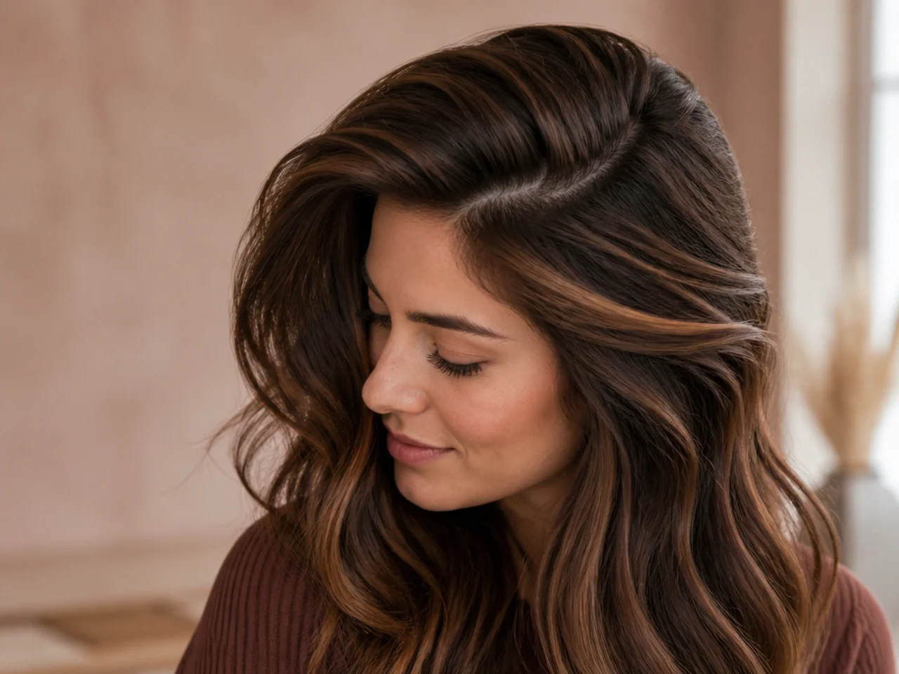 Hair flipped over into a deep side part with colour showing along the parting