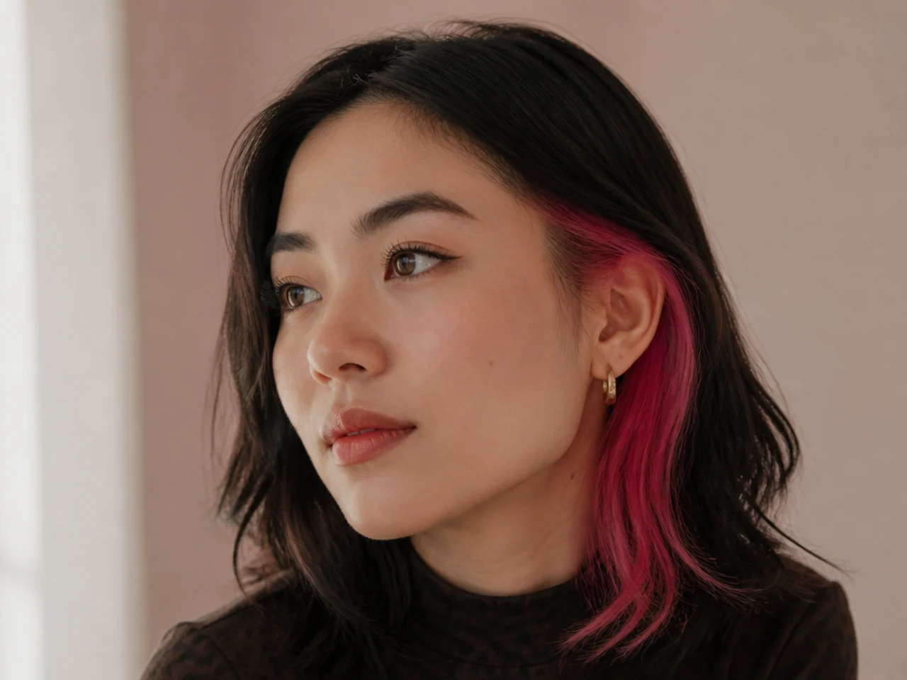 Hair tucked behind one ear with a bright coloured section beside the jaw