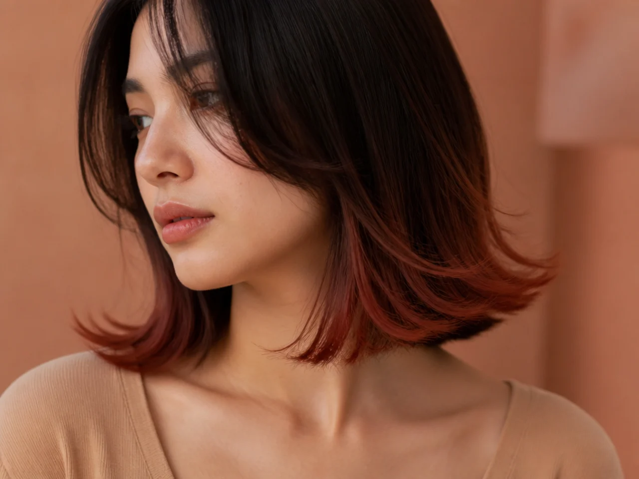 Hair with ends flicked outward showing colour along the turned up edge