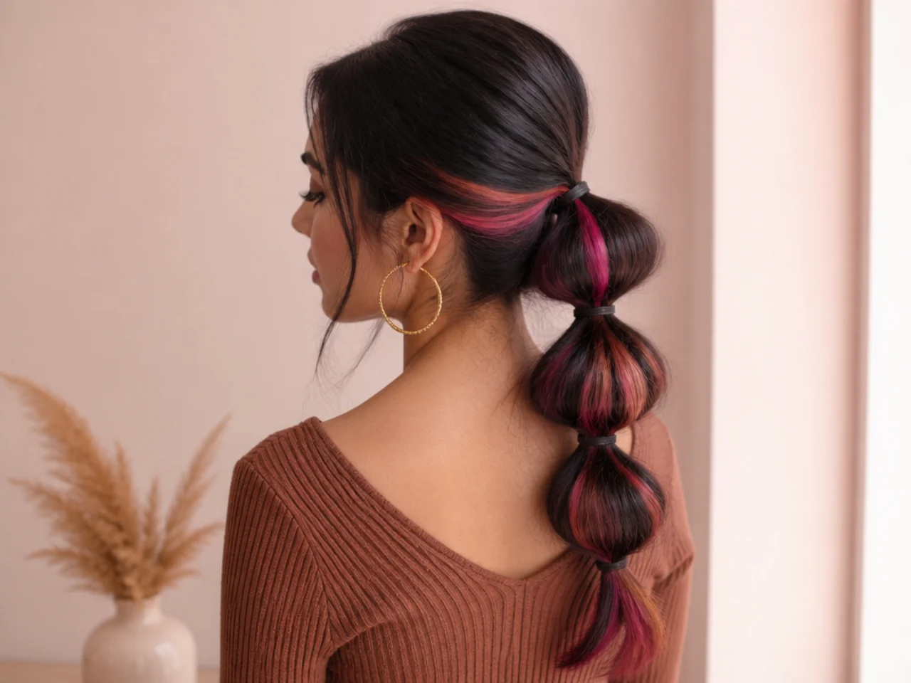 A bubble ponytail with coloured hair showing inside each rounded section