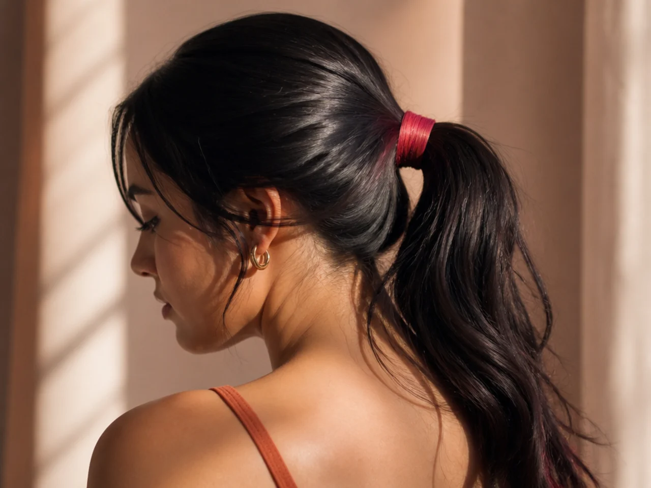 A ponytail with a bright coloured strand wound around the base