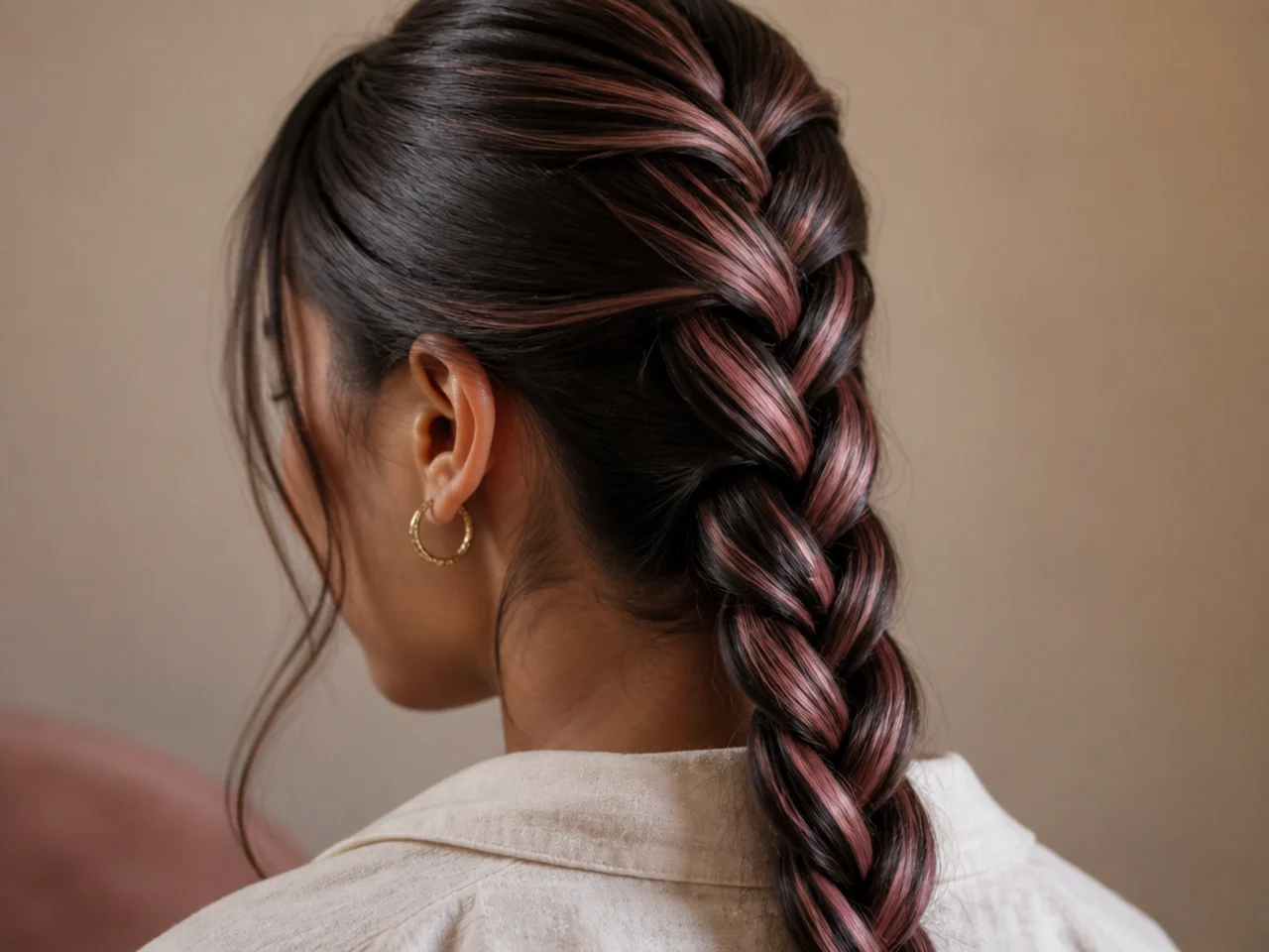 A braided ponytail with coloured strands appearing at each crossing