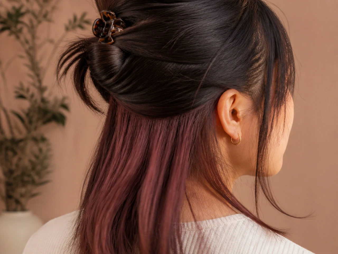 A half up hairstyle showing a coloured panel underneath the lifted top section