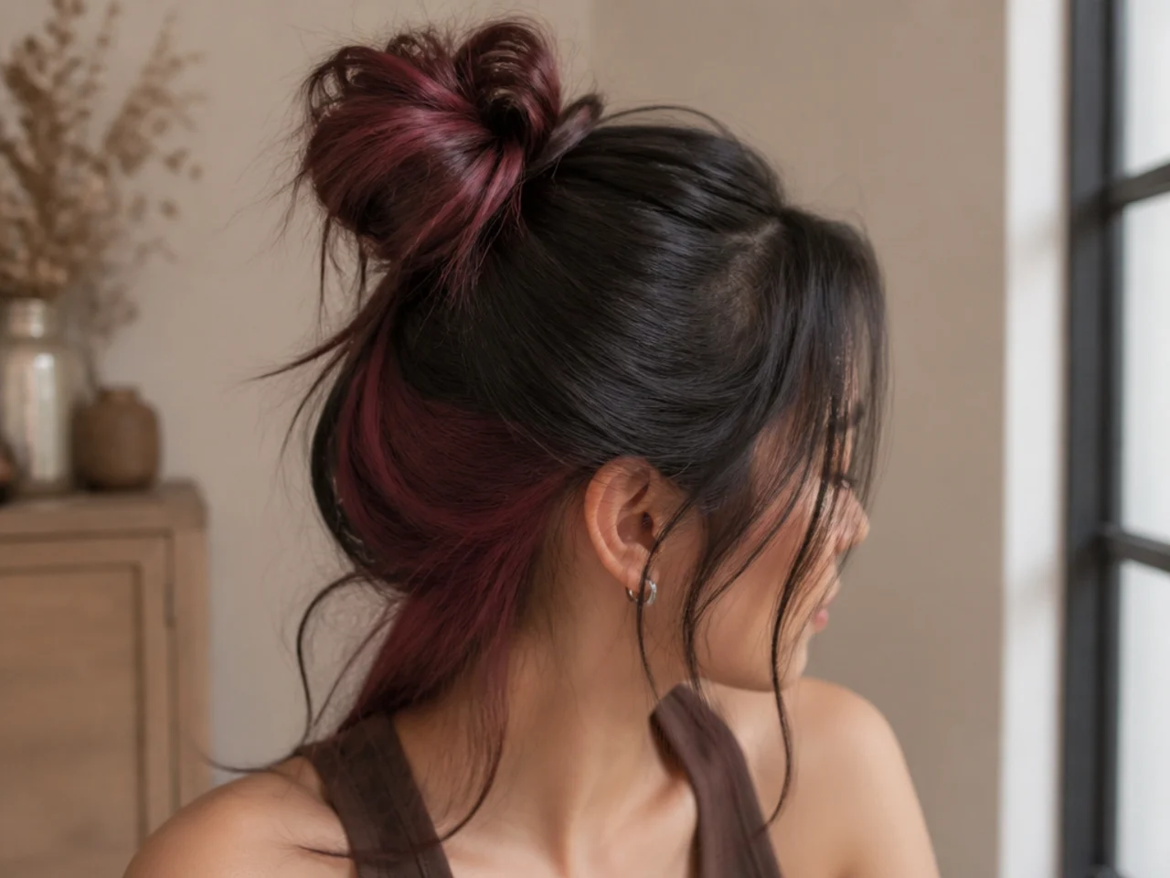 A half up bun with coloured hair showing in the knot and beneath it