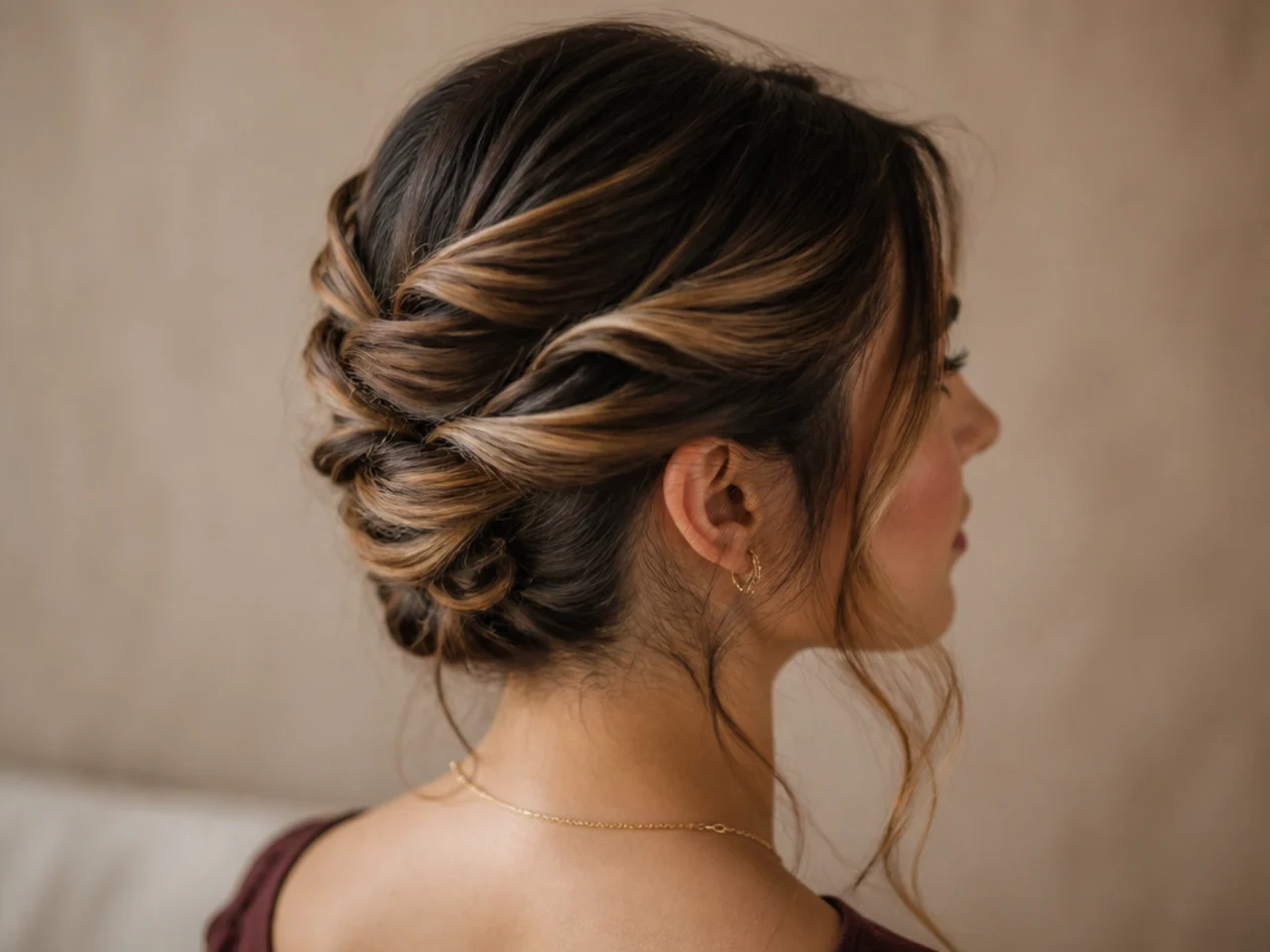 Twisted sections pinned at the back of the head with colour spiralling through them