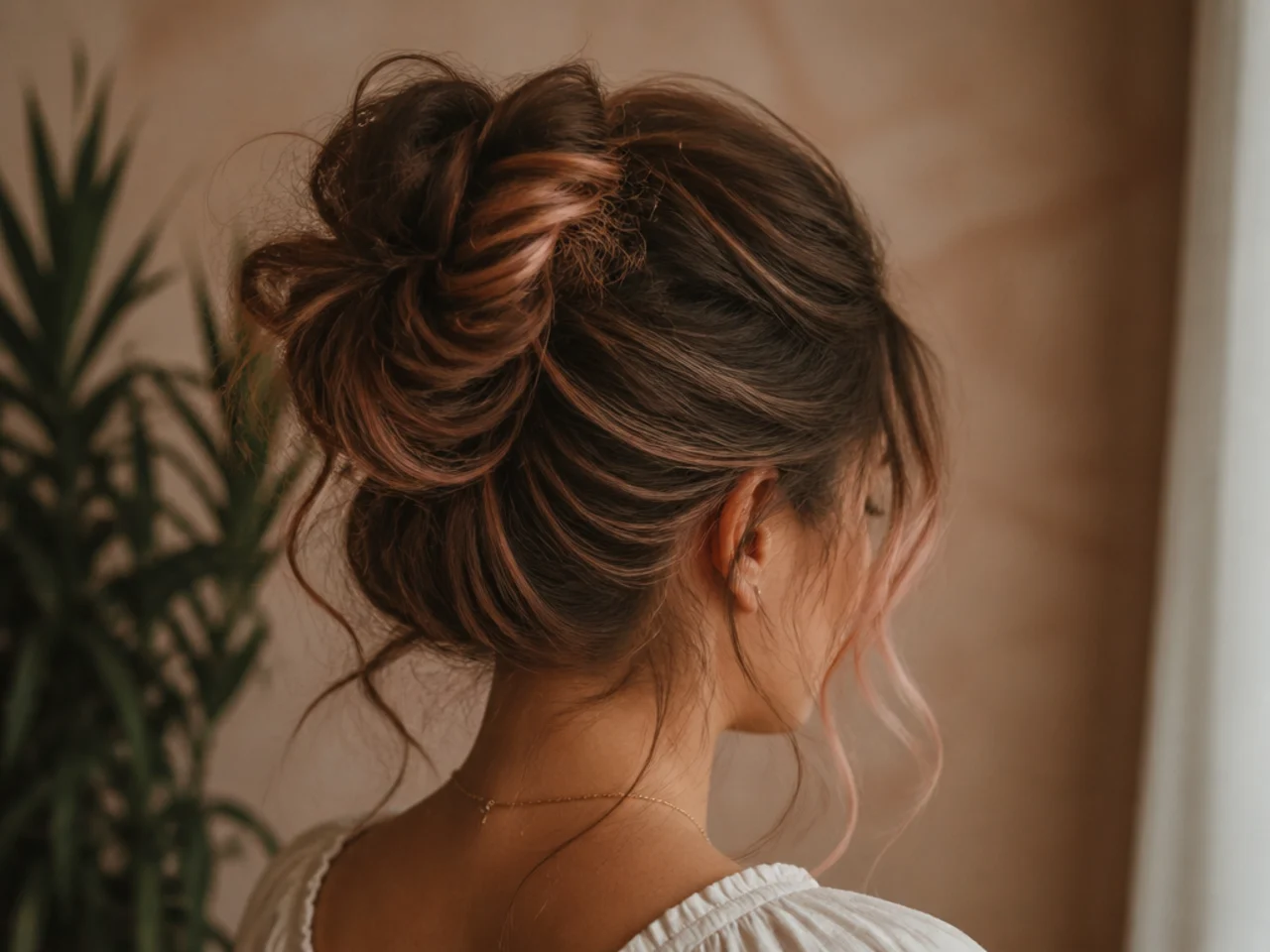 A messy bun with coloured strands falling loose around the neck