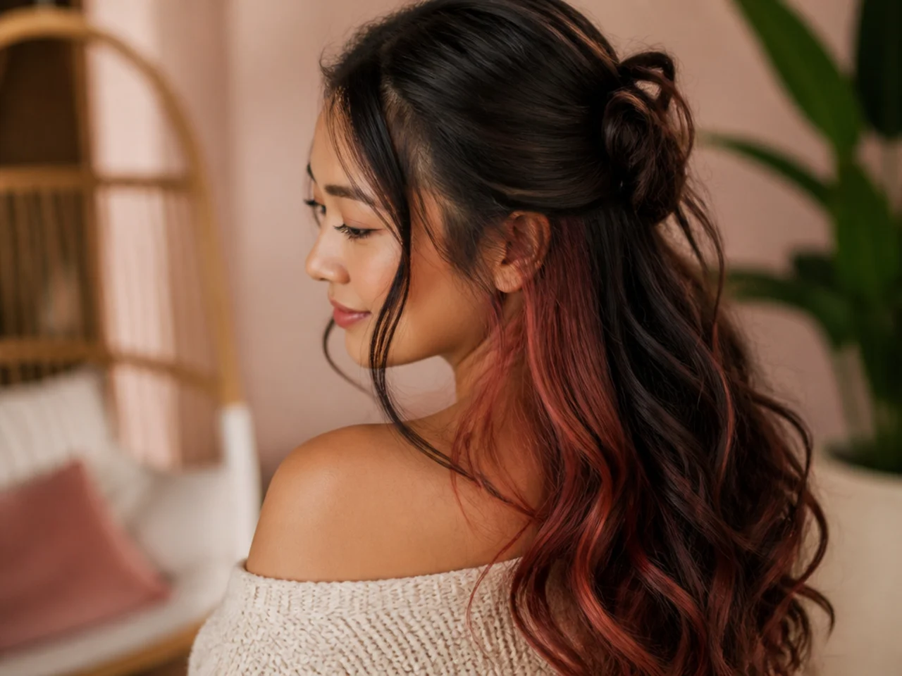 Three quarter view of long hair with a vivid peekaboo panel visible in a half up style