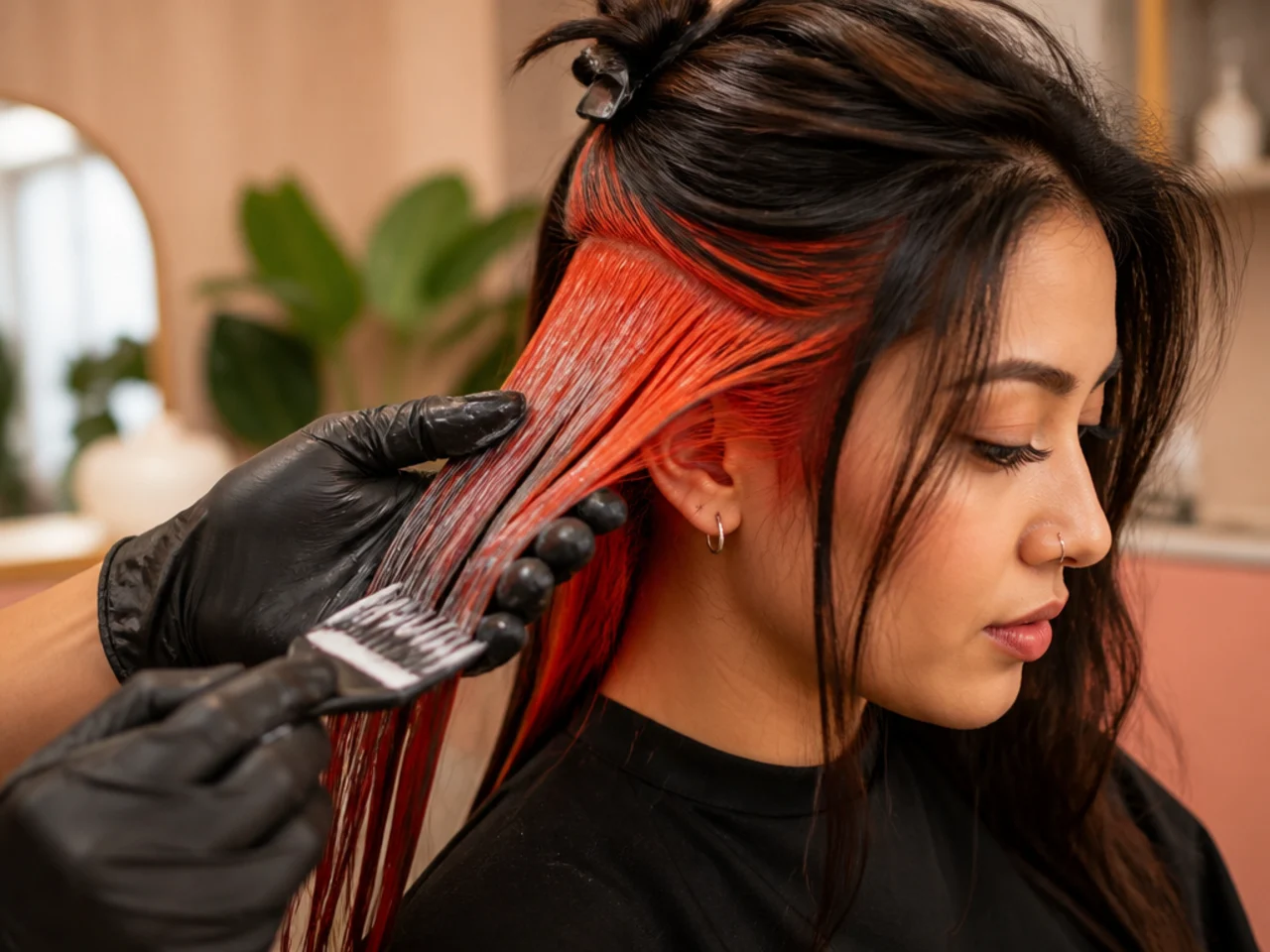 A bright coloured under section being conditioned separately from the rest of the hair