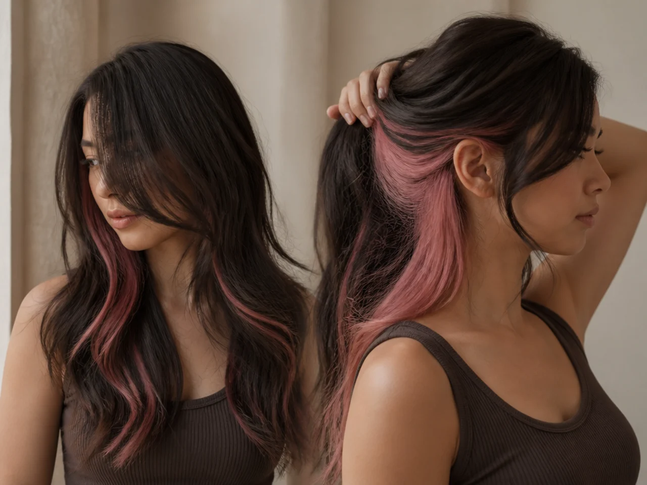 Two views of the same head, hair down hiding a pink panel and hair lifted showing it