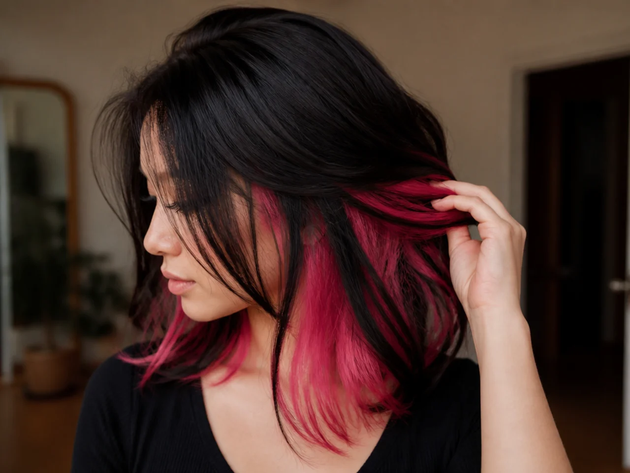 A vivid hot pink underlayer flipped into view against black hair