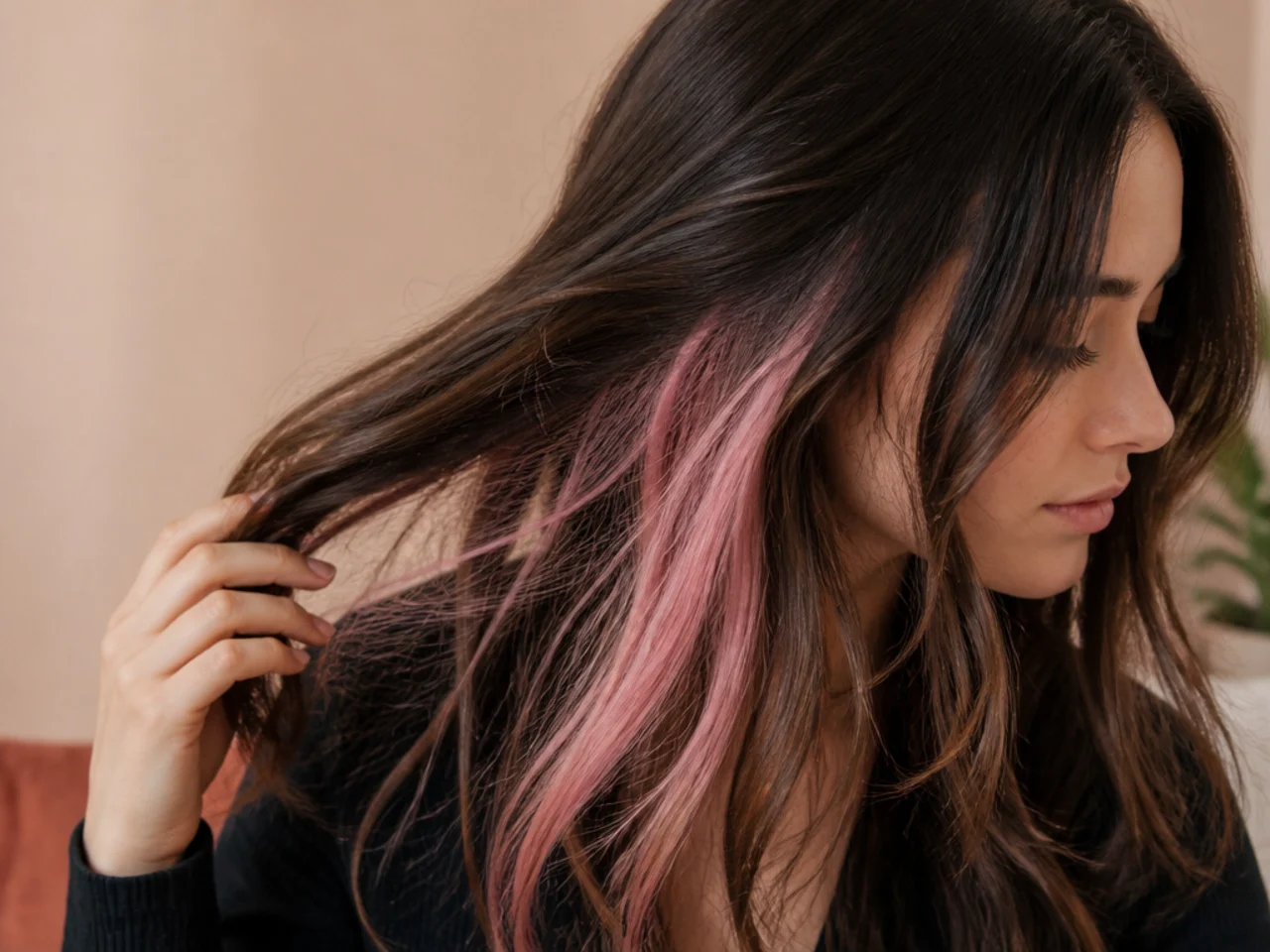 A pale pastel pink panel underneath dark brown hair