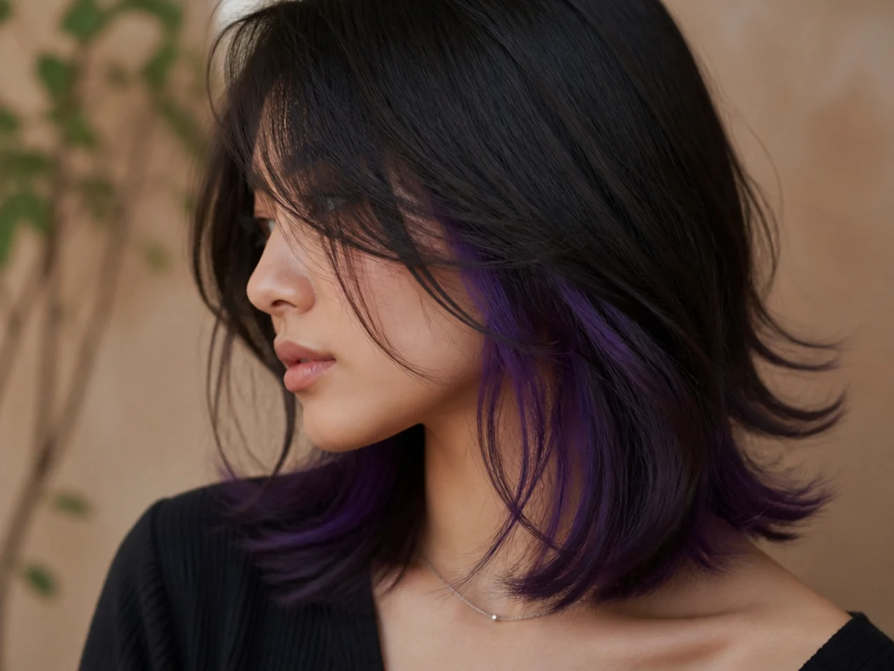 A deep violet underlayer showing beneath dark hair