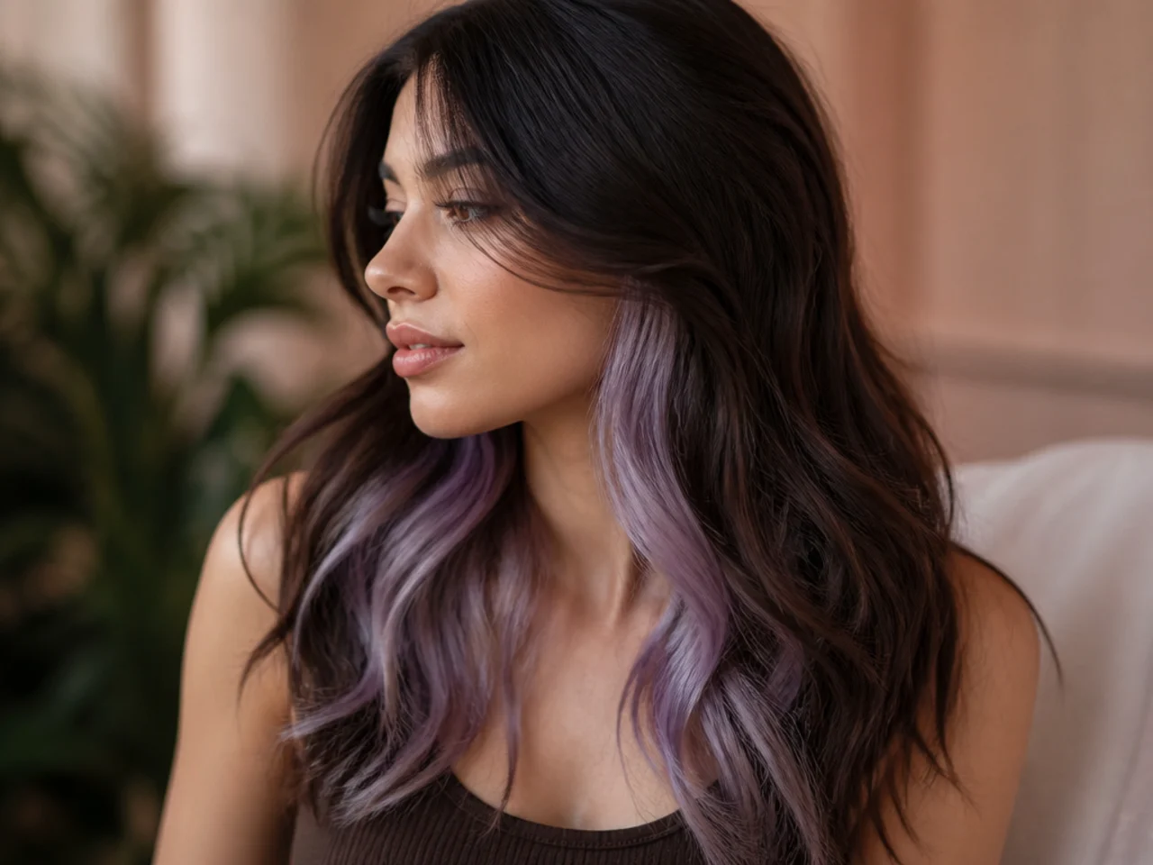 A soft lilac panel underneath dark top layers