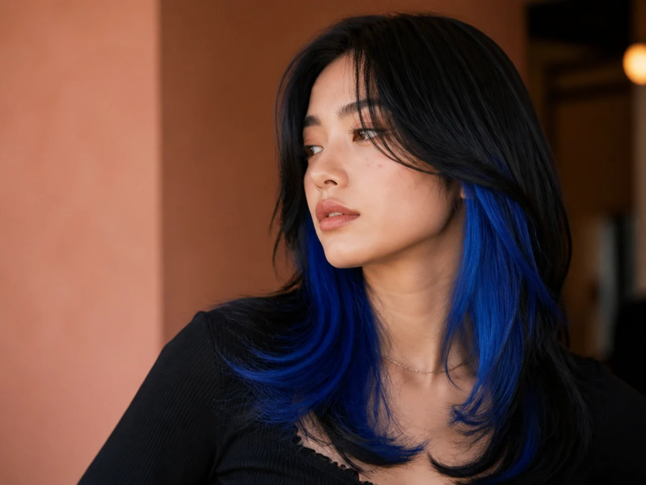 A bright electric blue underlayer against near black hair