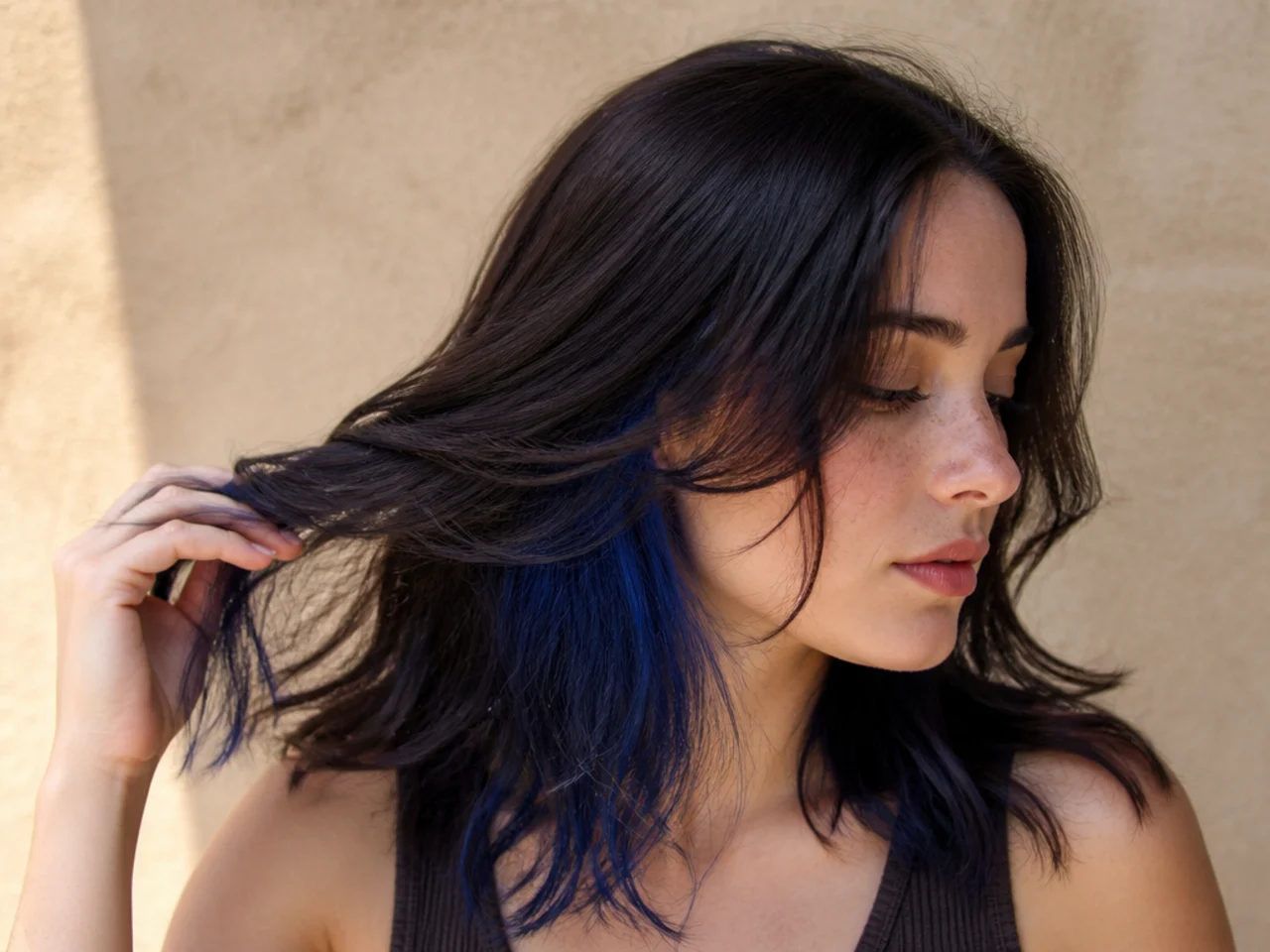 A deep navy blue panel revealed under dark hair in sunlight