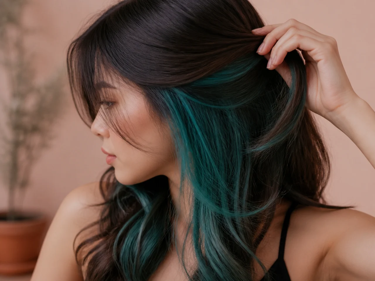A teal underlayer flipped into view beneath dark brown hair