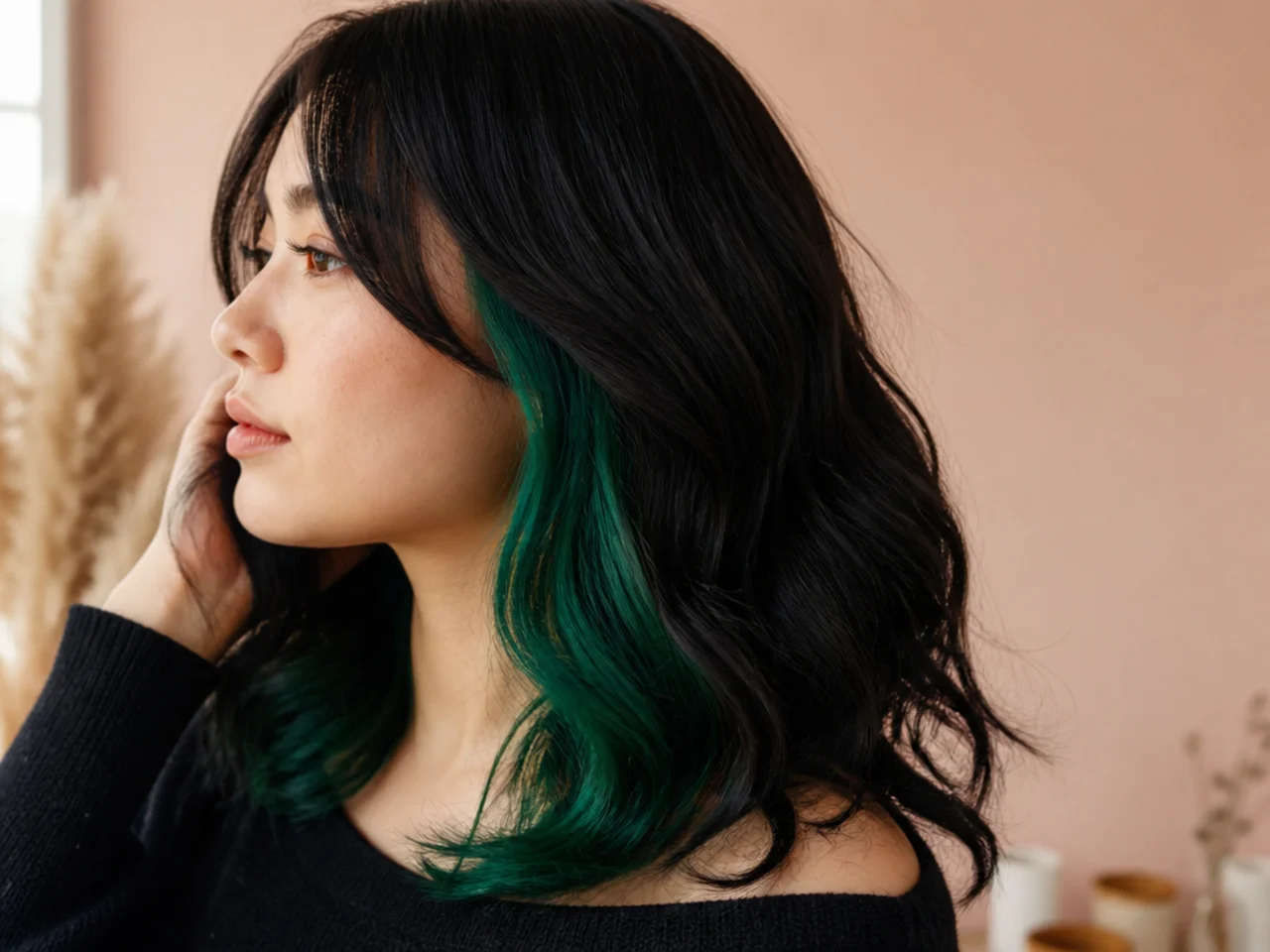 A rich emerald green panel underneath dark hair