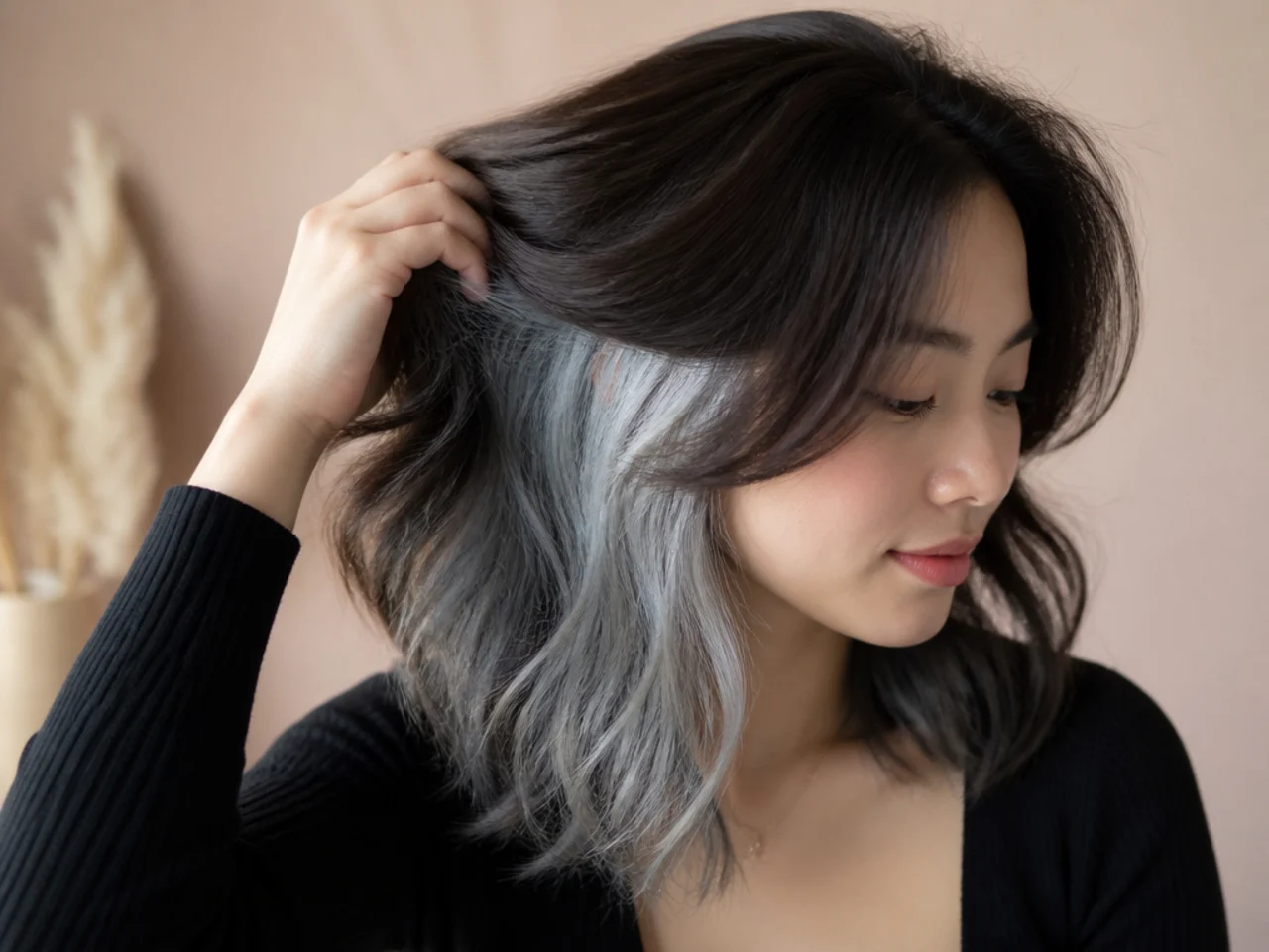A cool silver grey underlayer against dark brown top hair