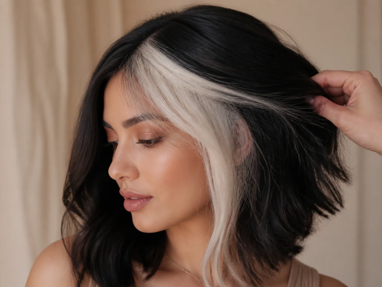 A platinum white panel revealed under near black hair