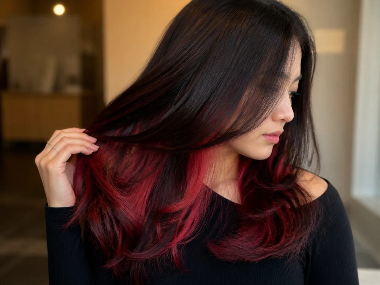 A vivid cherry red panel showing beneath dark top layers