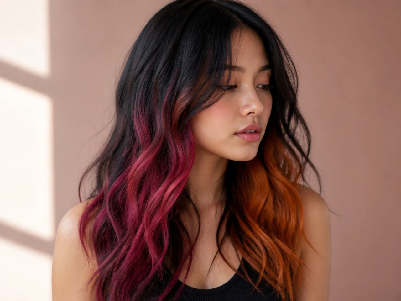 Two different vivid colours placed on either side under dark hair