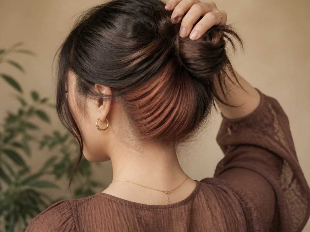 A coloured panel at the nape showing only when hair is tied up