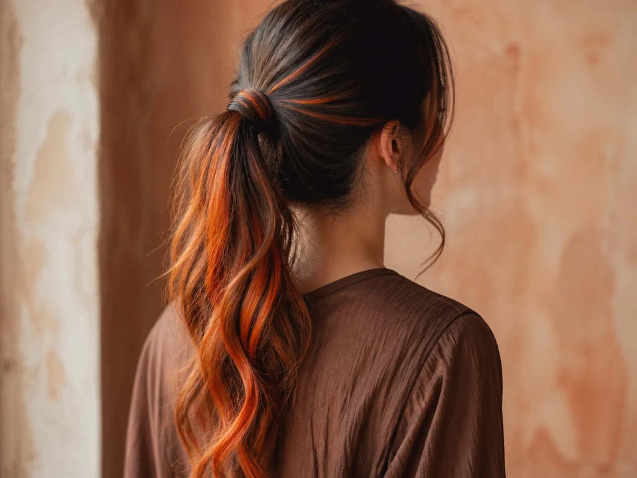 A ponytail with vivid colour spiralling through the gathered length