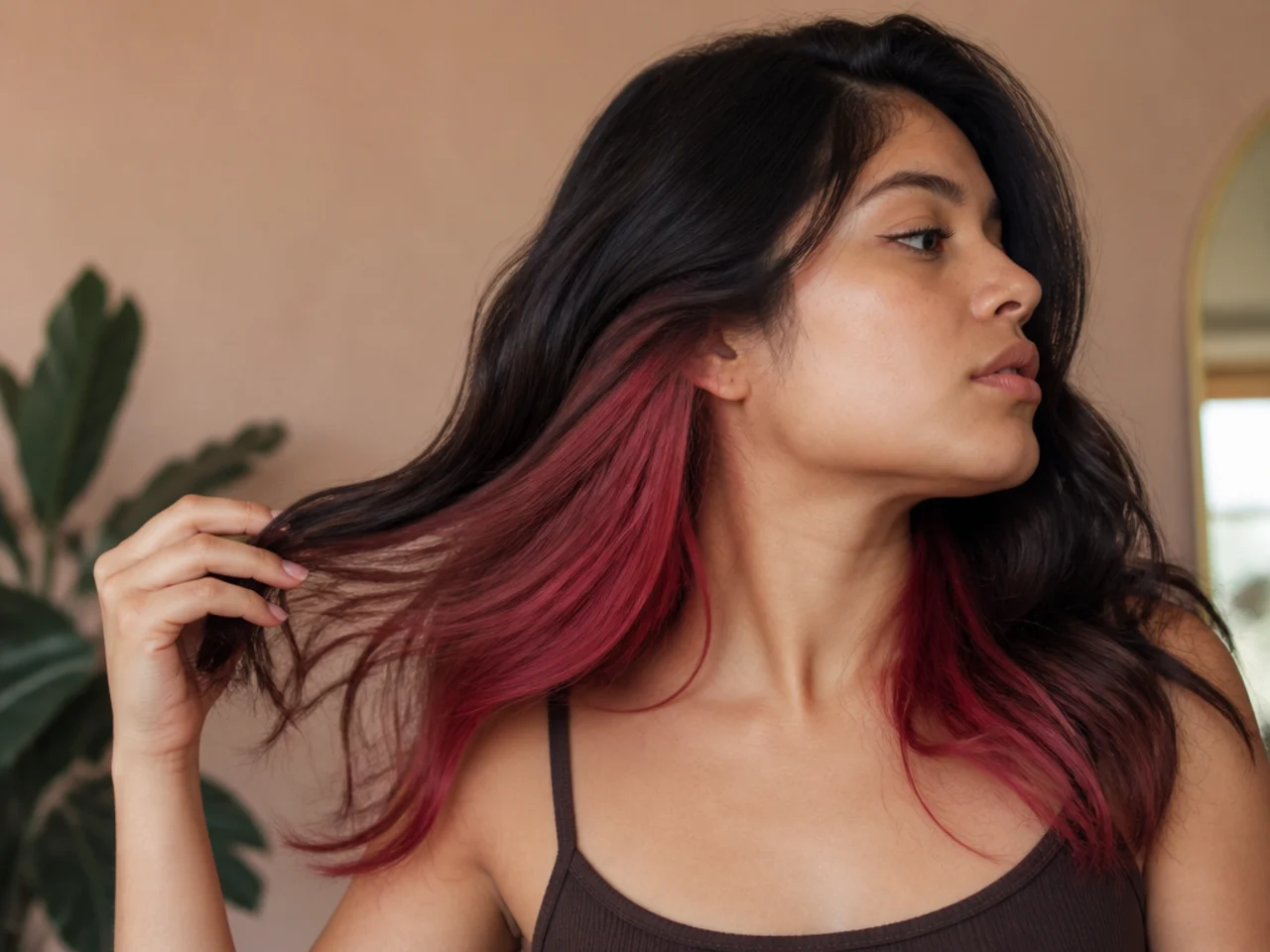 A coloured underlayer that begins below the roots leaving dark hair at the scalp