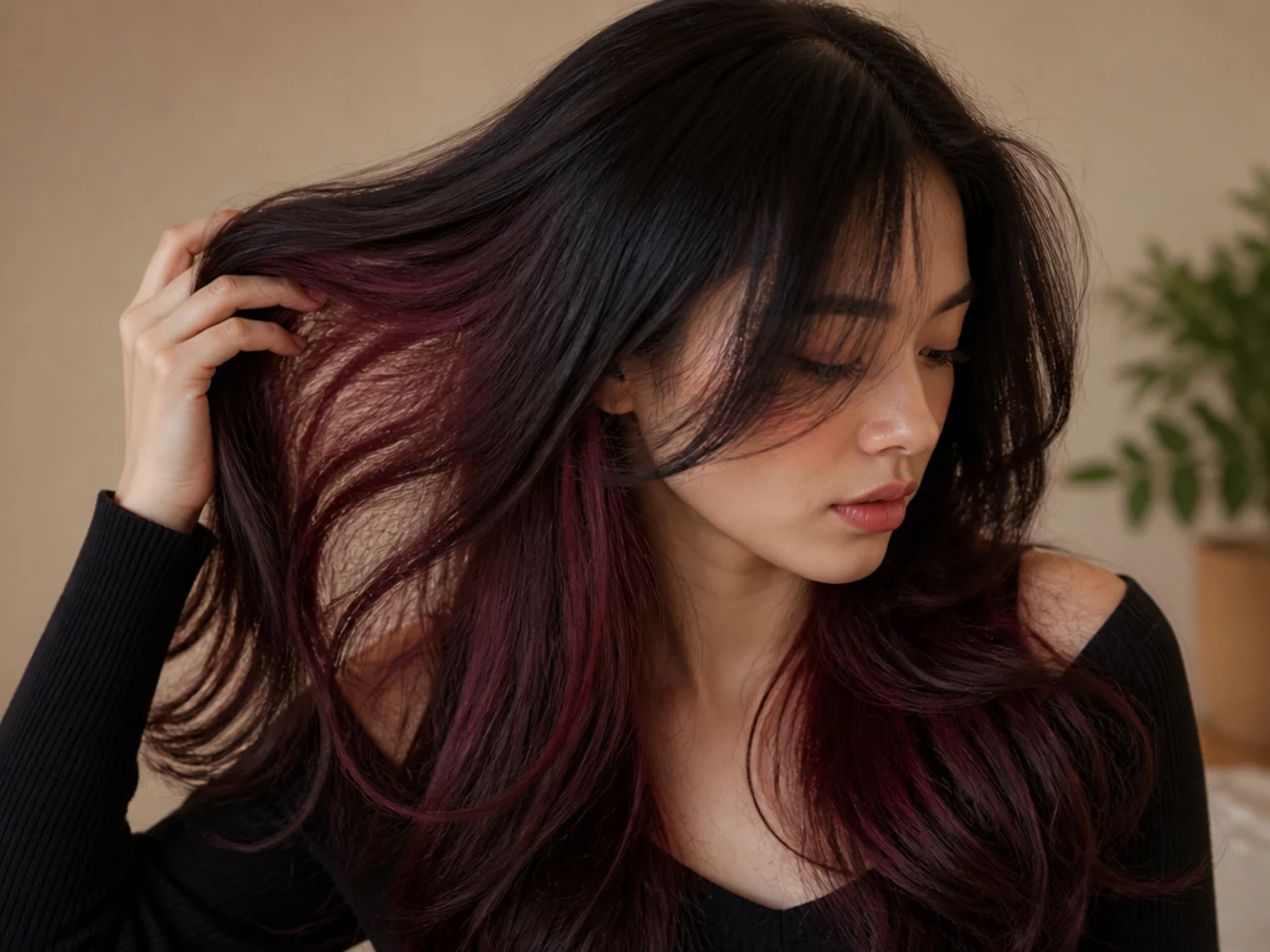 A deep burgundy underlayer catching light beneath near black hair