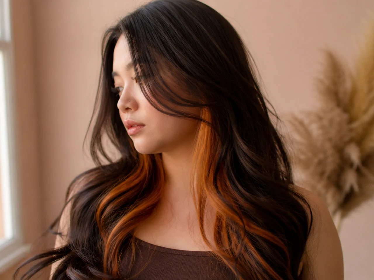 A warm burnt orange underlayer against dark brown top hair