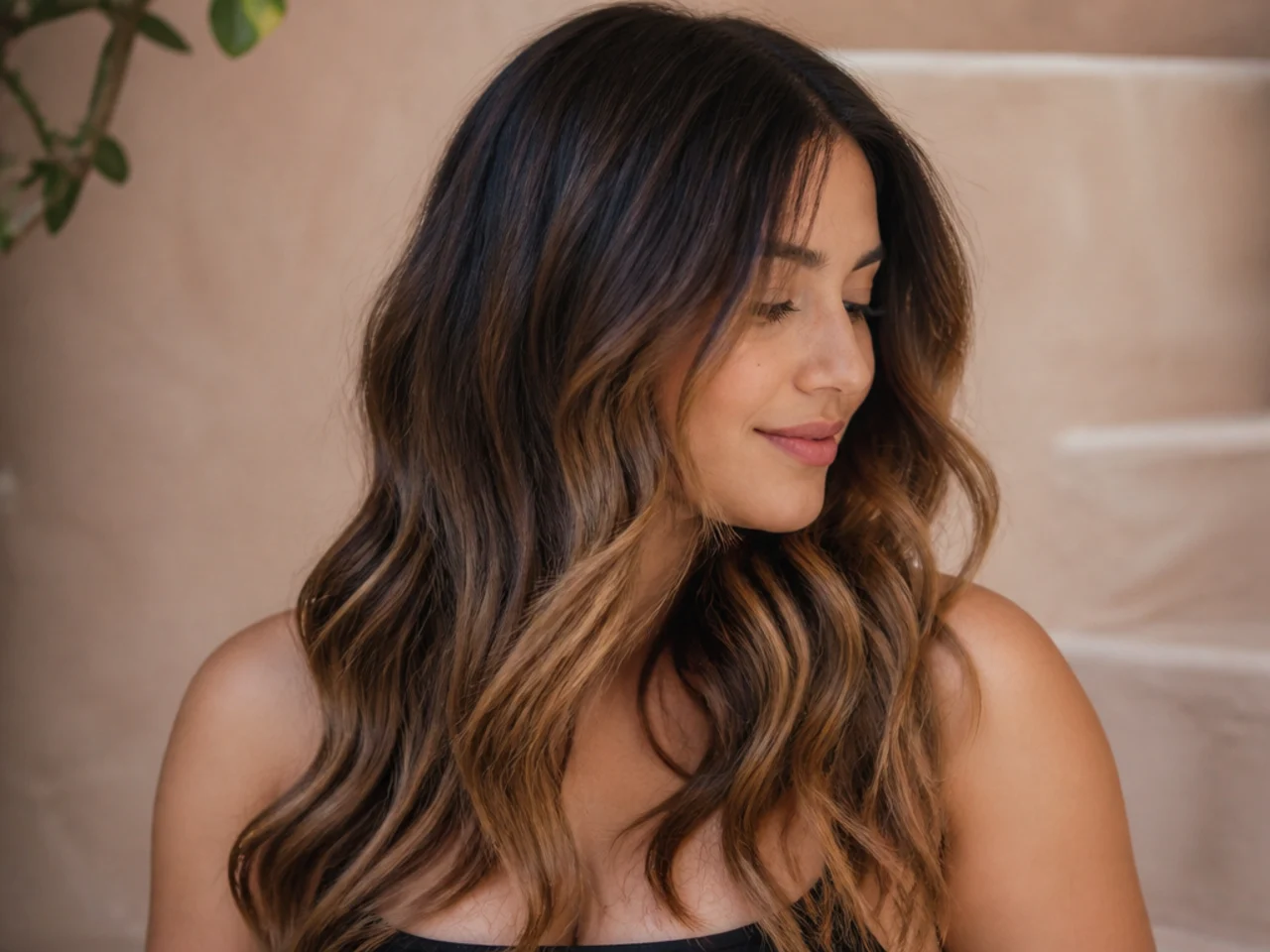 Warm honey caramel pieces underneath dark brown hair