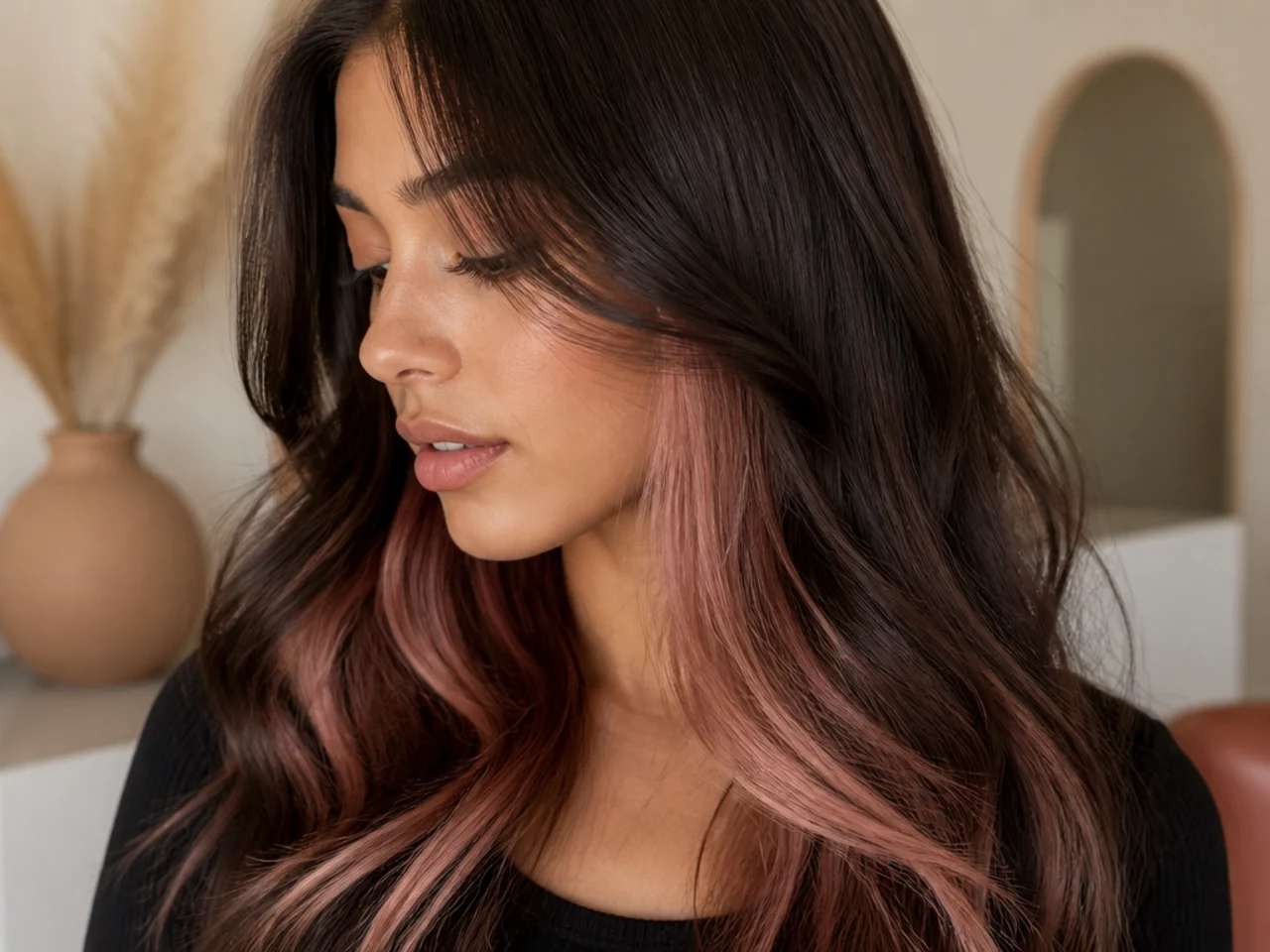 A soft rose gold underlayer beneath dark brown lengths