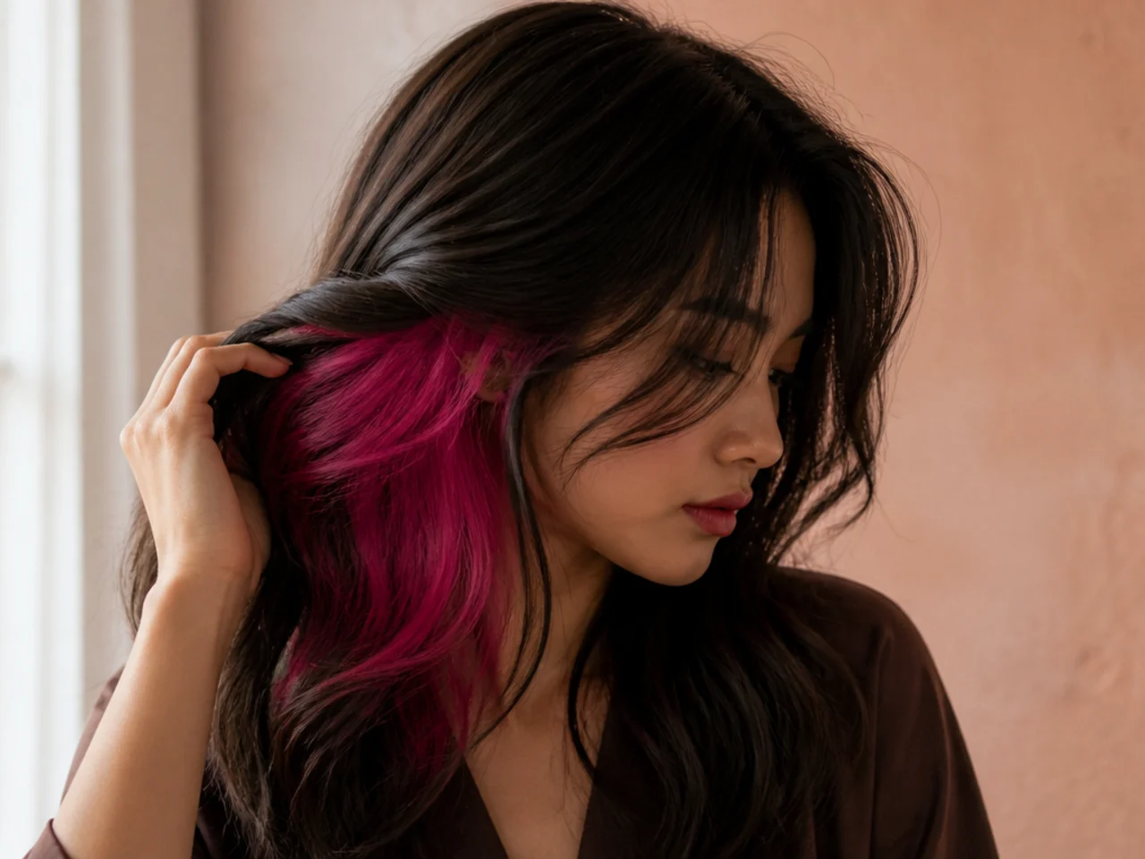 A bright magenta panel revealed under dark hair