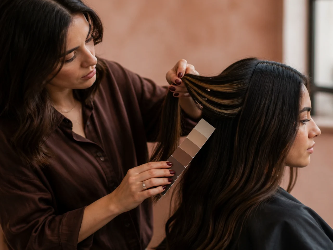 A colourist holding swatches against a lifted panel of dark hair