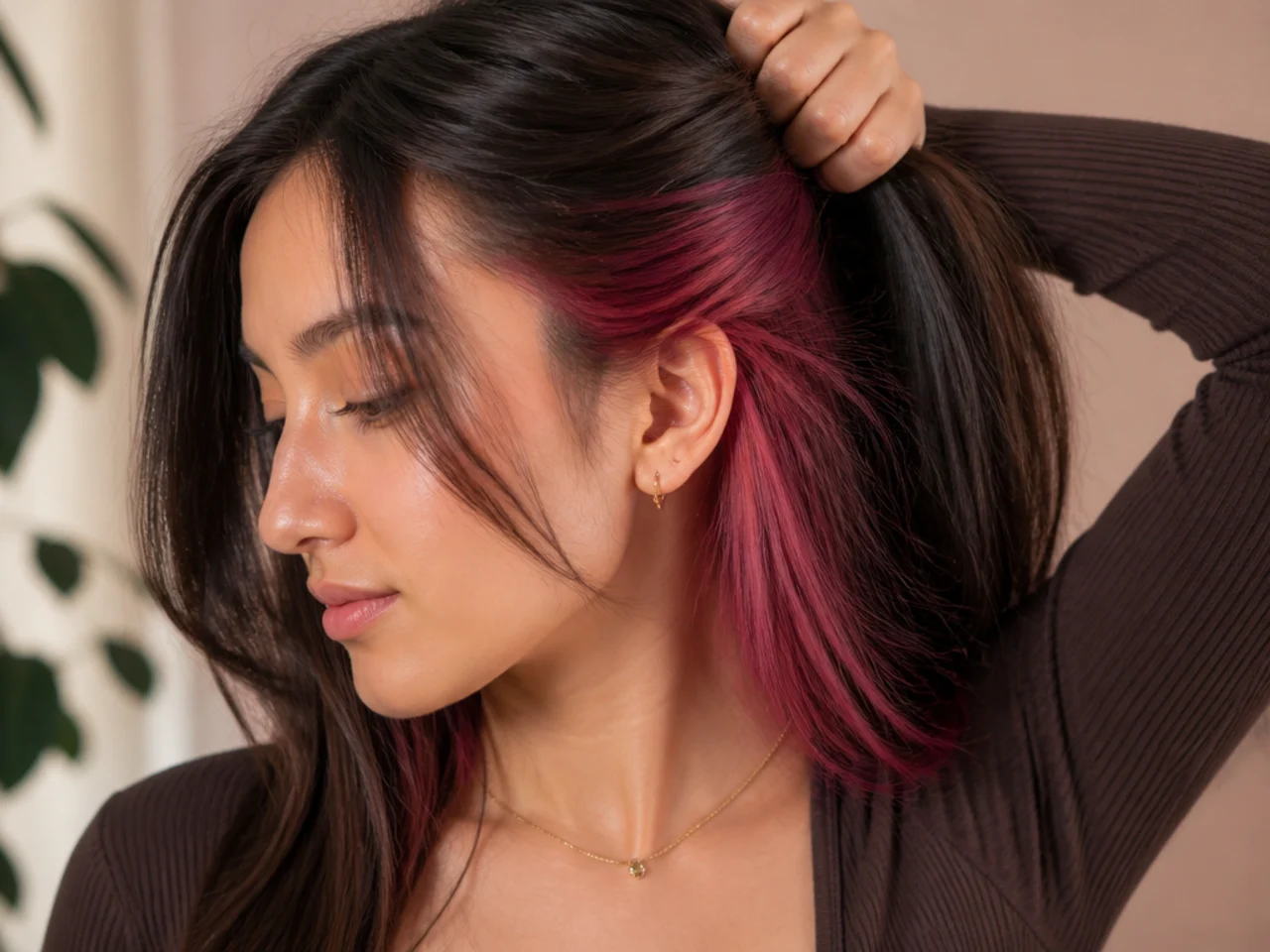 Dark hair lifted at the side to show a bright coloured panel underneath