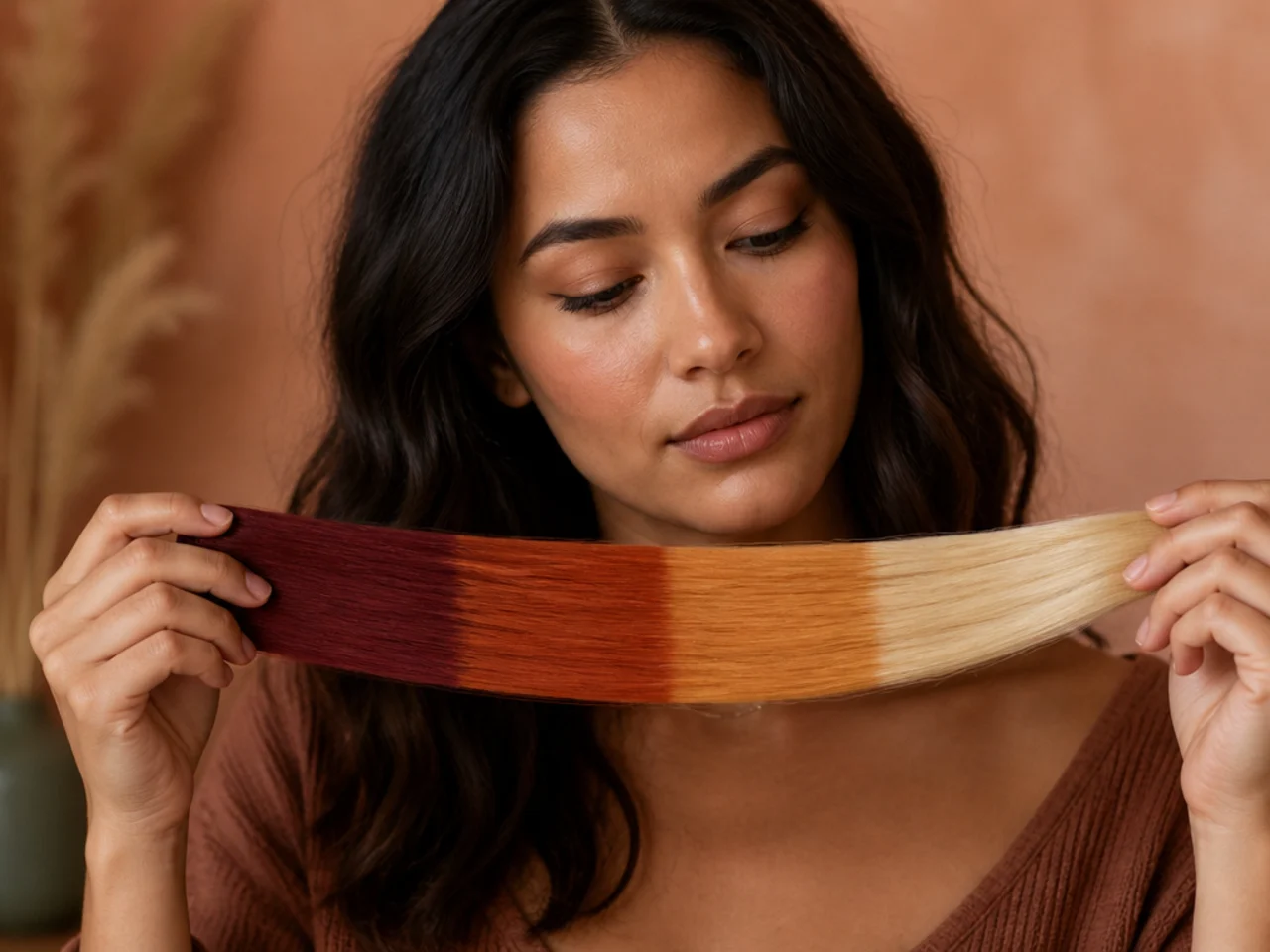 A strand of dark hair shown at each lift stage from red through orange to pale yellow