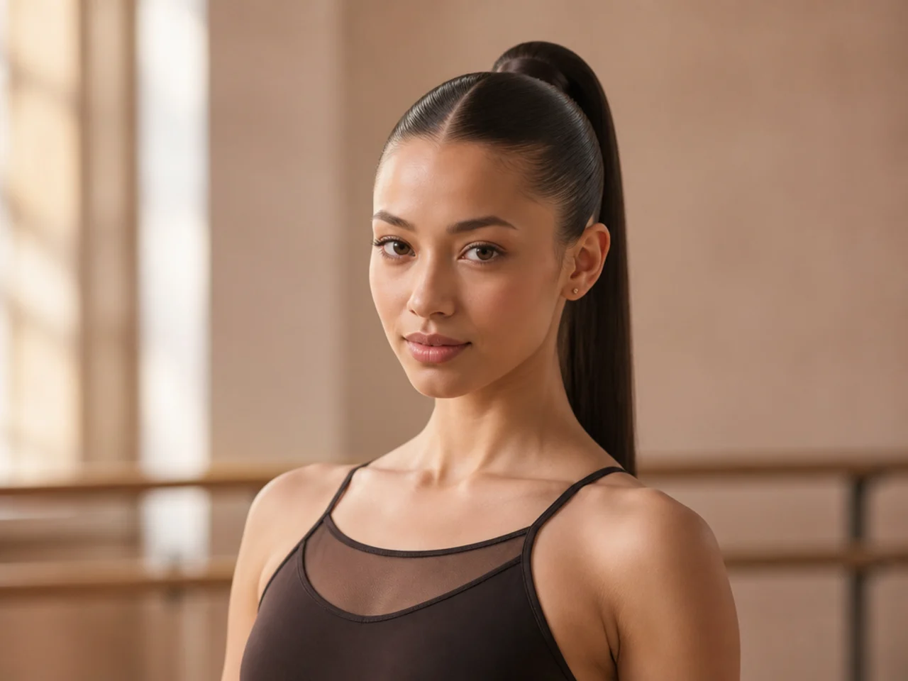 Ballerina-tight sleek high pony with zero flyaways and center part on a dancer in performance attire