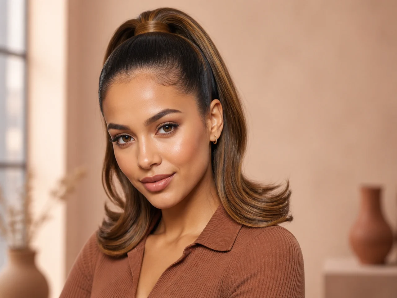 Sleek high pony with a bouncy blowout tail curled outward at the ends on a woman with caramel highlights