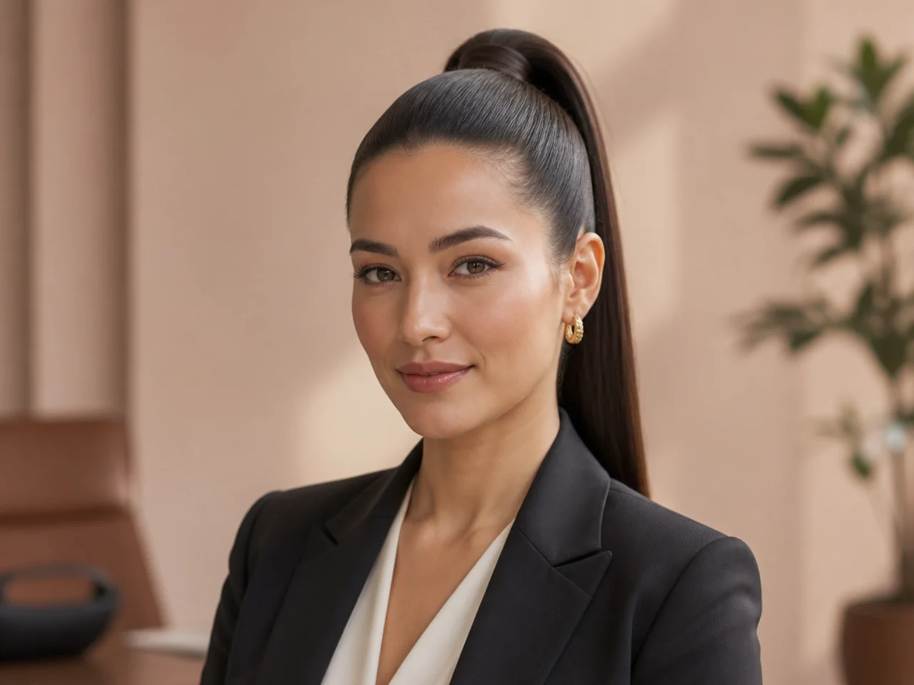 Boardroom-polished sleek high pony with a discreet wrapped base on a woman in a tailored blazer