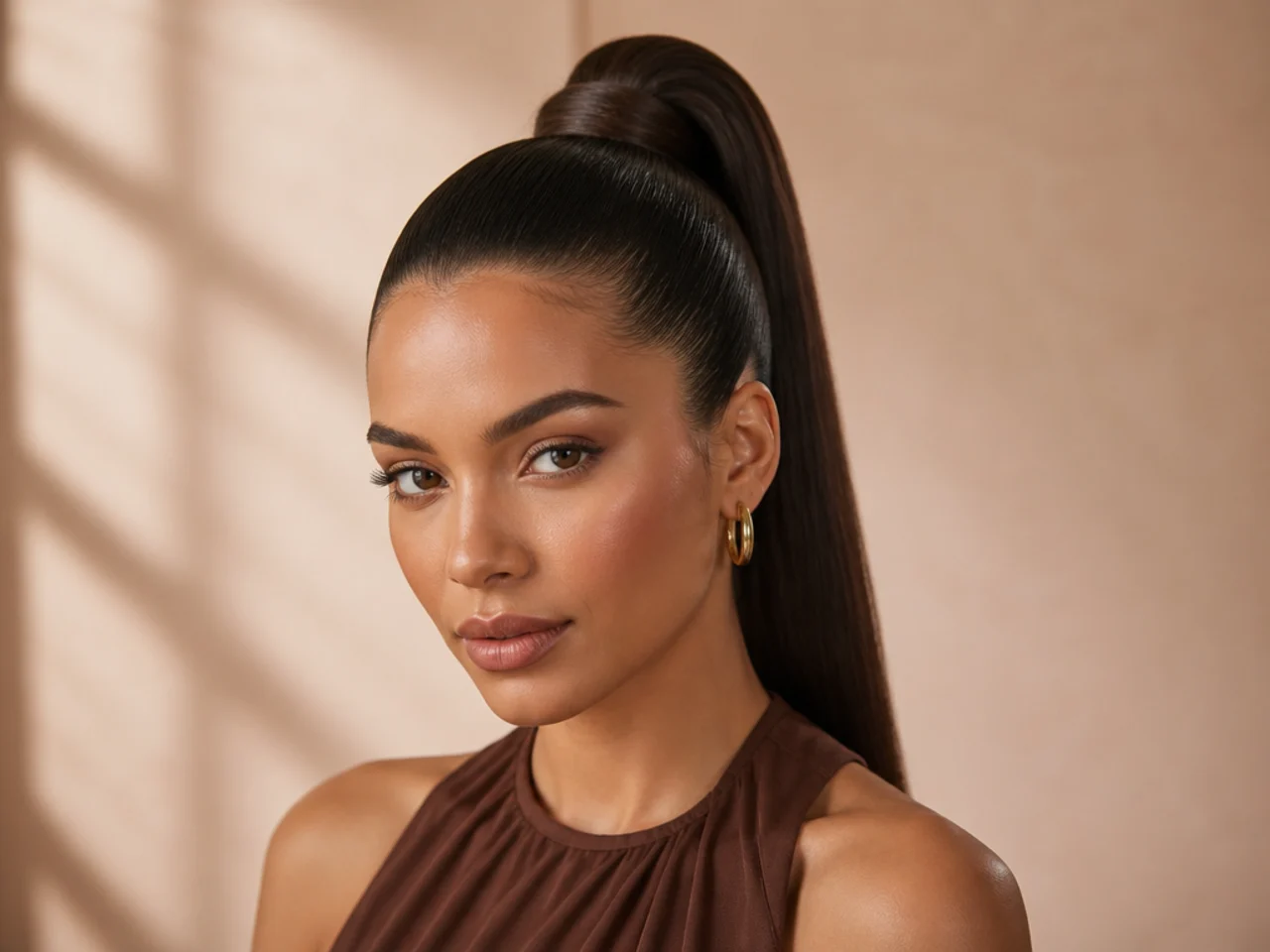 Sleek high pony with a small twisted chignon at the base and long straight tail flowing out below