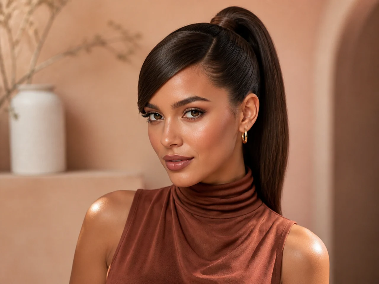 Deep side-part sleek high pony with a heavy sweep across the forehead on a woman with chocolate brown hair