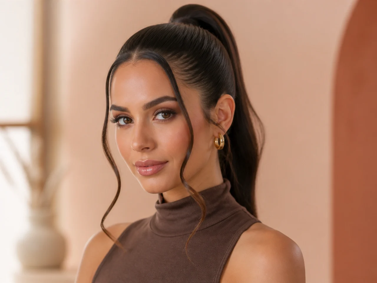 Sleek high pony with two thin curled face-framing tendrils at the temples on a woman with dark brown hair