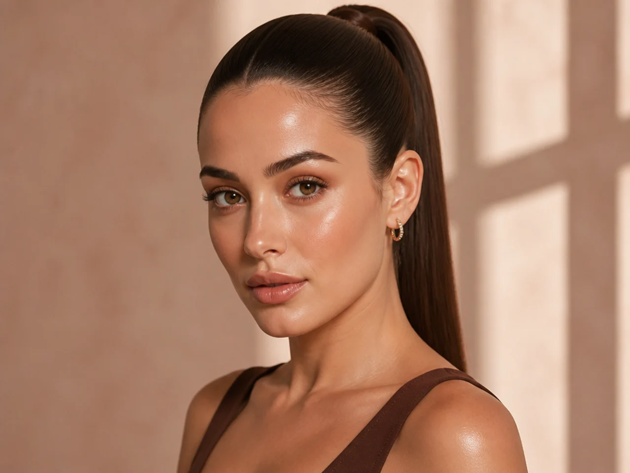 Glass-skin slick high pony with mirror-smooth scalp and dead-straight tail on a woman with dark brown hair